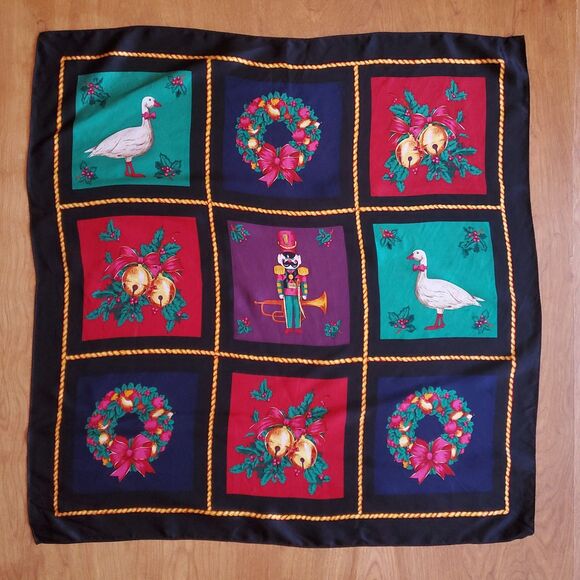 Talbots Accessories - TALBOTS Silk Christmas Scarf 25.5" Square Holiday Wreath Rolled Edges Black
